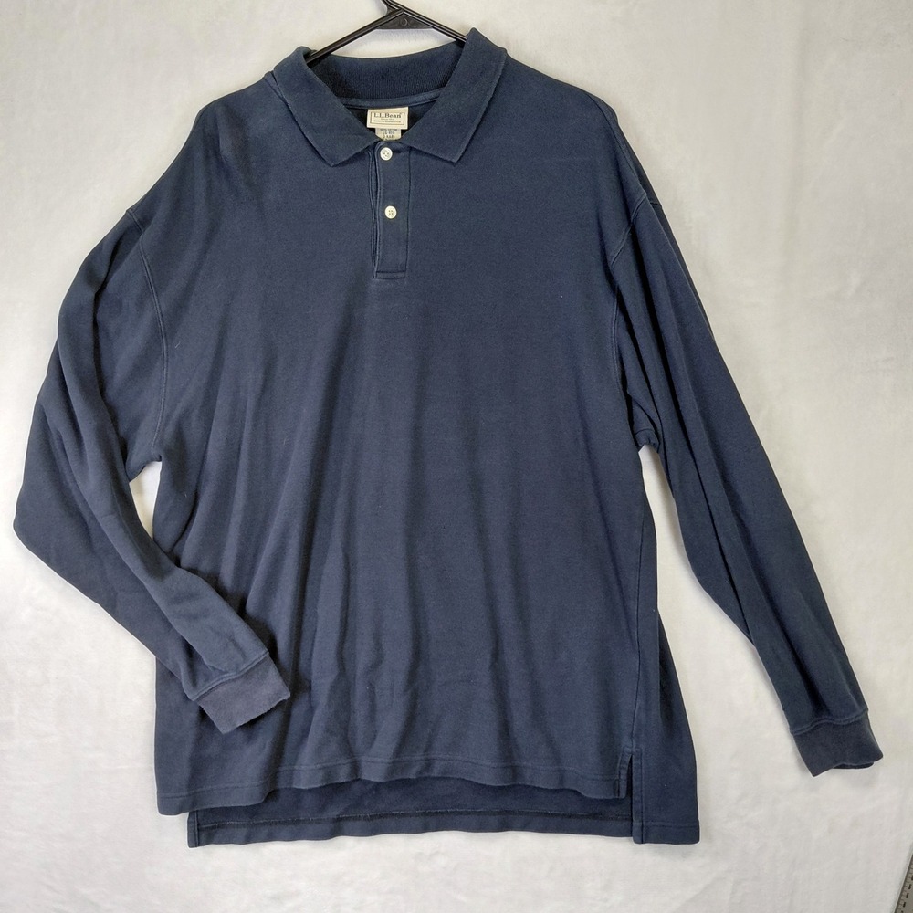 LL Bean Mens Long Sleeve Polo Shirt Navy Blue Pique Cotton LG-REG 0 KA81
